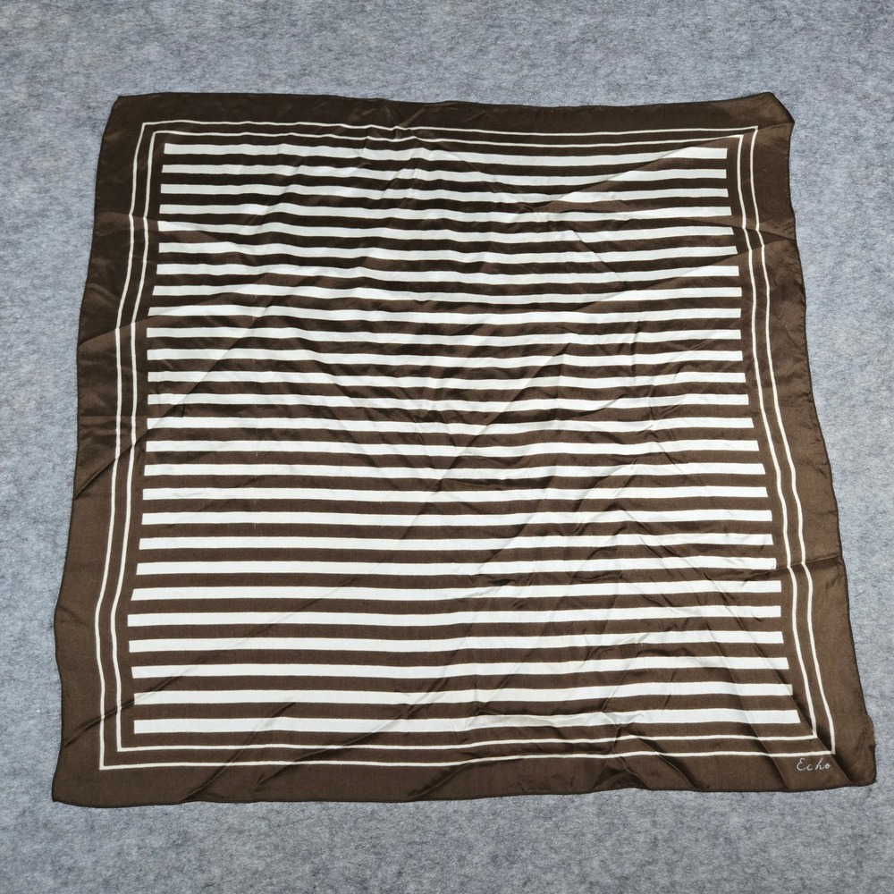 Vintage Echo Silk Scarf Chocolate Brown & White Stripes 22.5x23 Square